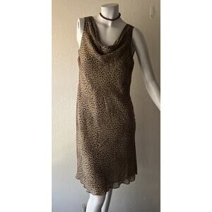 Ann Taylor Petite 8P 100% Silk Leopard Animal Print Dress Cowl Neck Fall